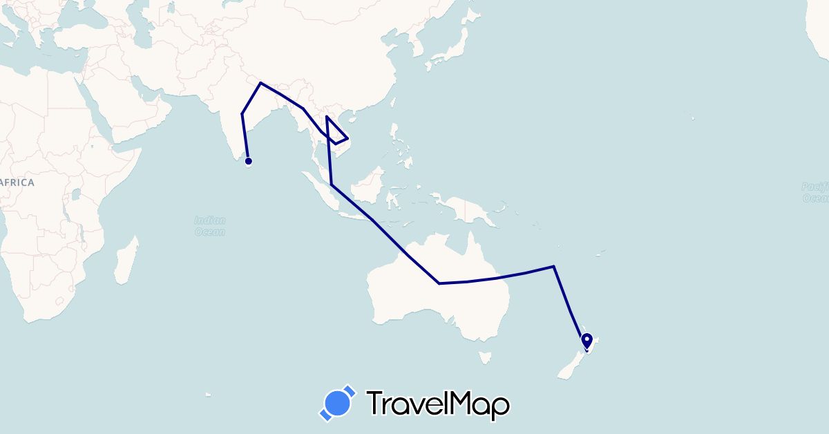 TravelMap itinerary: driving in Australia, Indonesia, India, Cambodia, Laos, Sri Lanka, Myanmar (Burma), New Caledonia, Nepal, New Zealand, Singapore, Thailand, Vietnam (Asia, Oceania)